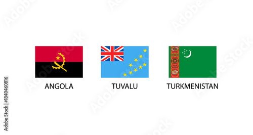 Flags of Angola, Tuvalu, and Turkmenistan displayed on a white background