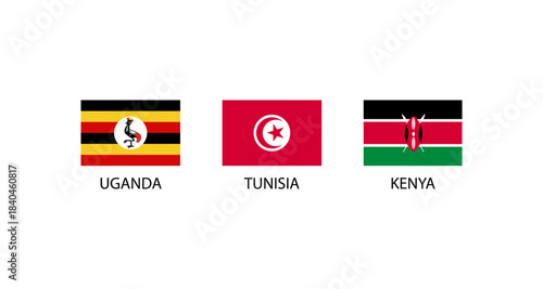 Flags of Uganda, Tunisia, and Kenya displayed against a white background.