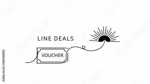 Discount voucher connected to a stylized sunrise, symbolizing good deals and new beginnings.