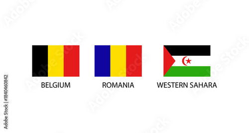Flags of Belgium, Romania, and Western Sahara on a white background