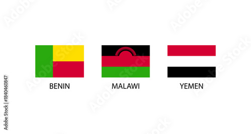 Flags of Benin, Malawi, and Yemen displayed on a white background