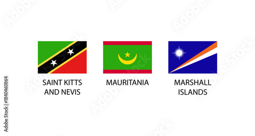 Flags of Saint Kitts and Nevis, Mauritania, and Marshall Islands on white