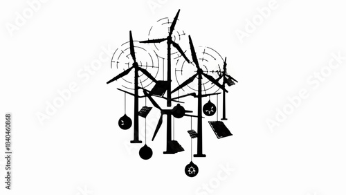 Abstract illustration of wind turbines and solar panels symbolizing clean energy generation