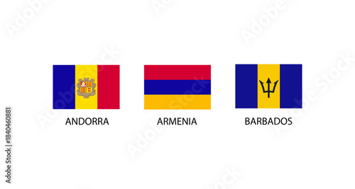 Flags of Andorra, Armenia, and Barbados displayed on a white background