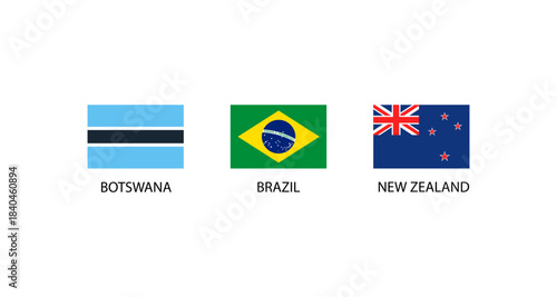 Flags of Botswana, Brazil, and New Zealand on a white background