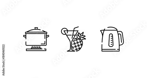 Minimalist kitchen icons: cooking pot, cocktail, and electric kettle