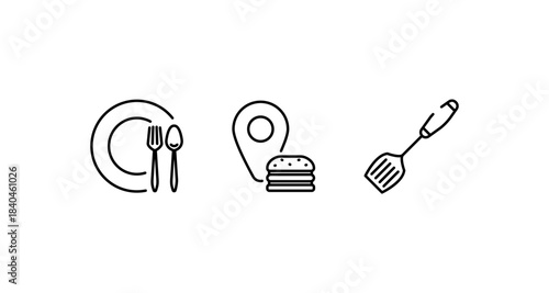 Restaurant and food icons in a simple black and white line art style