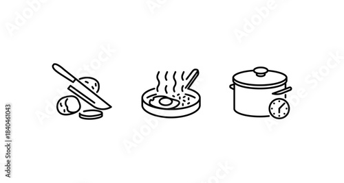 Cooking process icons: knife, frying pan, and pot with timer