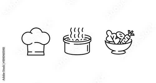 Chef's hat, cooking pot, and bowl of vegetables in line art style