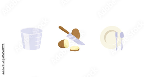 Cooking illustration of potatoes, knife, measuring cup, plate, fork, and spoon