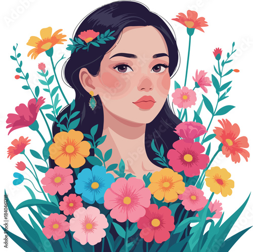 Girl with flowers in spring fashion and floral beauty illustration