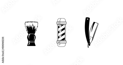 Barber shop tools in a simple black and white illustration on a white background.