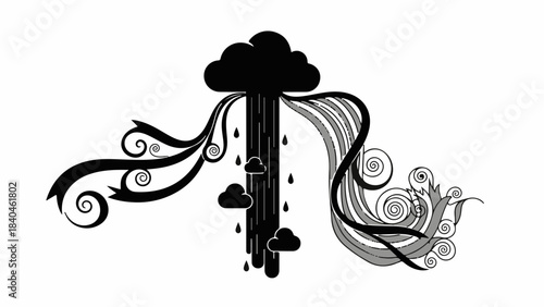 Abstract representation of contrasting forces, dark rain and bright flowing energy, on a white background.