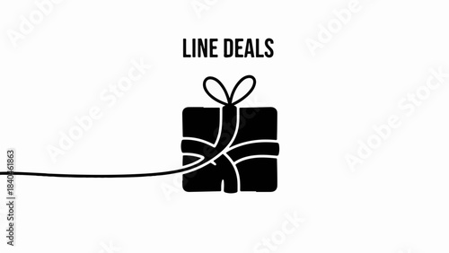 Simple black line art of a gift box with ribbon and text "LINE DEALS"
