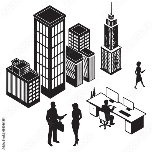 Black Isometric Business Scenes Silhouette Vector, High Quality Illustration on White Background