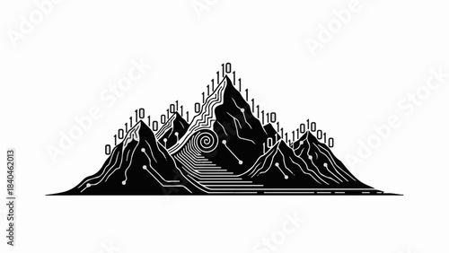 Digital mountain range with binary code peaks and circuit board landscape