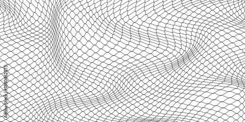 Fishing or soccer net. Repeated hexagon pattern. Black wired mesh texture isolated on white background. Metallic or fabric fence, cage or lattice structure. Vector graphic Illustration.