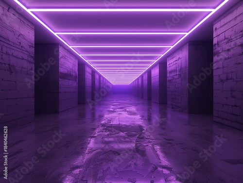 Long corridor with purple neon lighting and reflective floor