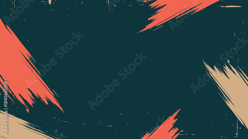 Abstract dark teal background with vibrant coral and tan brush strokes