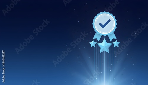 Award ribbon with checkmark and stars representing quality and success ideal for recognition and achievement concepts on a blue gradient background