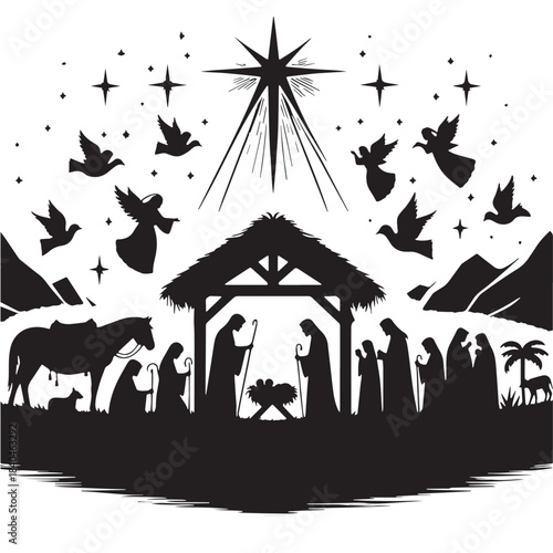 Black Nativity scene Silhouette Vector, High Quality Illustration on White Background