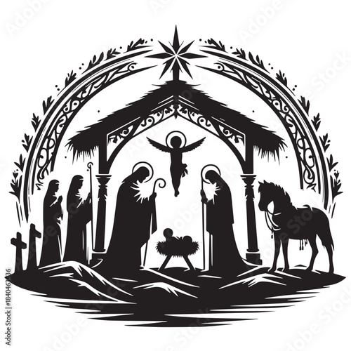 Black Nativity scene Silhouette Vector, High Quality Illustration on White Background