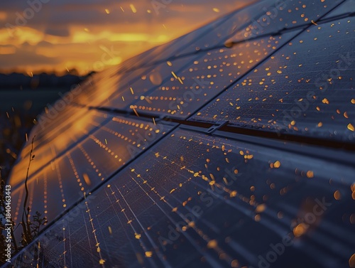 Solar panels at sunset with water droplets reflecting golden light