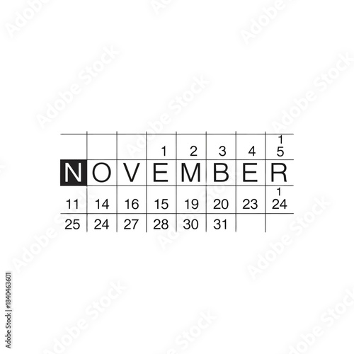 Vintage november calendar page with numbered days