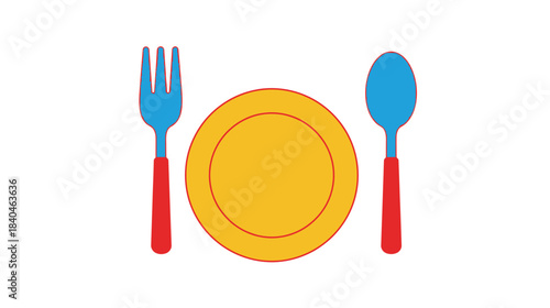 A simple illustration of a plate fork and spoon with red handles