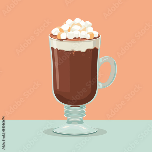 Vector illustration of a hot chocolate with marshmallows in a glass cup