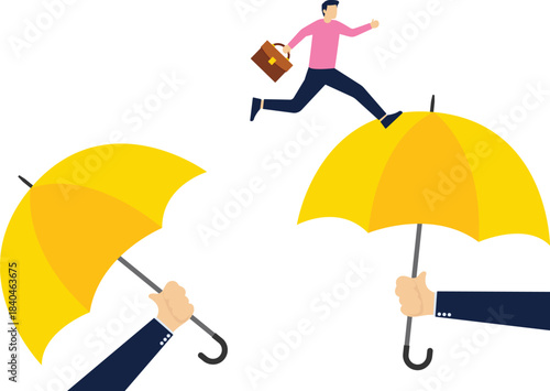 Reaching out and protecting, businessman jumping above an umbrella held by two huge hands

