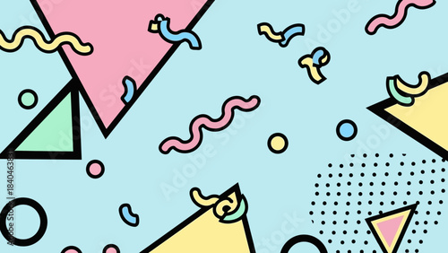 Vibrant retro 90s style geometric pattern with pastel triangles, circles, and squiggly lines on a light blue background, evoking a nostalgic aesthetic.