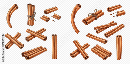 Collection of various cinnamon sticks and rolls, aromatic spice for cooking and baking.