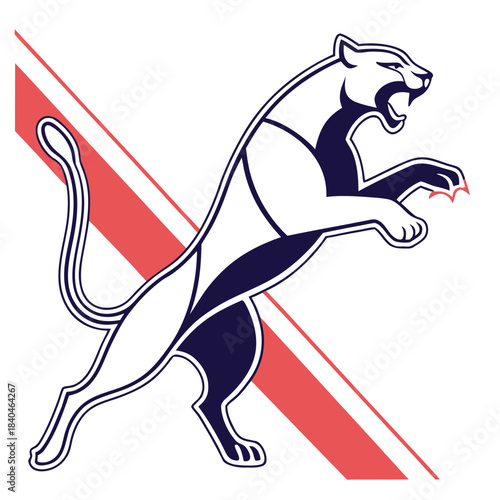 Aggressive panther leaping with red and white stripes