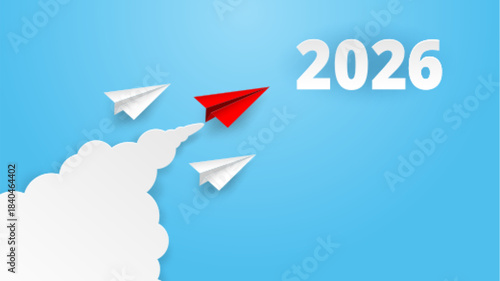 Concept for Planning Success Goals for 2026. Red Paper Plane Flying Toward Success in 2026. paper art style. vector.