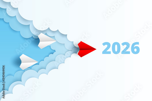 Concept for Planning Success Goals for 2026. Red Paper Plane Flying Toward Success in 2026. paper art style. vector.