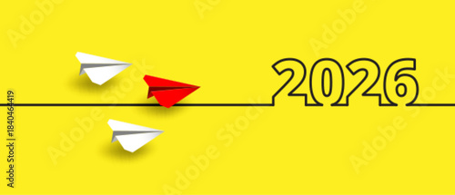 Concept for Planning Success Goals for 2026. Red Paper Plane Flying Toward Success in 2026. paper art style. vector.