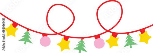 Christmas lights garland with colored star and bulbs. Xmas festive string decoration with hanging retro ball. Glowing string with lamps for holiday cards, banners, posters, web. Vector illustration


