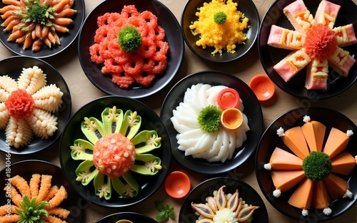 Colorful Overhead Spread of Shabu Shabu Dishes. High quality