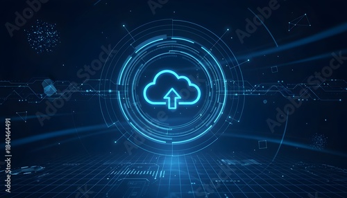 Futuristic digital interface with glowing cloud upload icon representing data transfer and cloud computing technology.