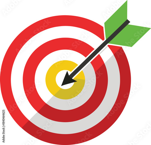 A red and white target with a green fletched arrow hitting the bullseye