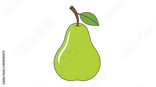 A simple illustration of a green pear with a stem and single leaf