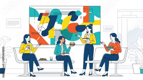 Lunch Break Discussion: Four women seated, engaged in conversation during their lunch break, surrounded by an abstract piece of artwork, enjoying each other's company.
