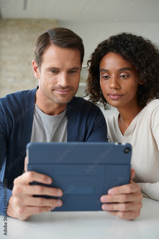 Obraz premium Man and woman examining a tablet together with focused, collaborative expressions