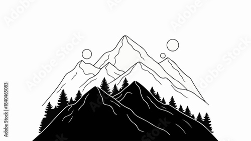 Striking minimalist illustration of layered mountains and pine trees under a stark white sky with celestial orbs.