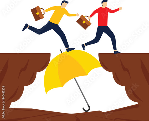 Protection or shelter, politics or policy, getting out of problems or crises, umbrellas between cliffs help businessmen over the cliffs

