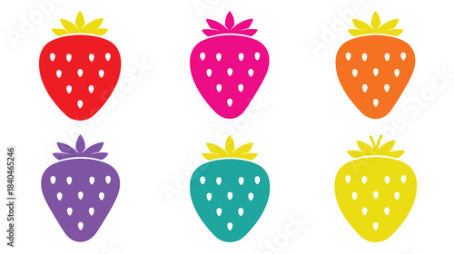 Colorful strawberry illustrations featuring red pink orange purple teal and yellow hues