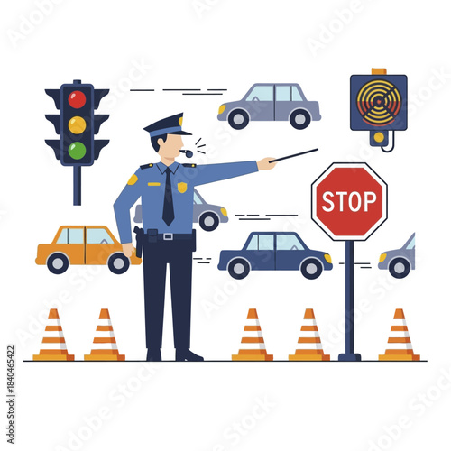 Police officer directing traffic with cars and traffic signals.
