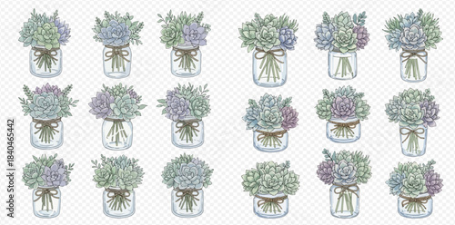 Set of beautiful watercolor bouquets in glass jars with bows on transparent background.