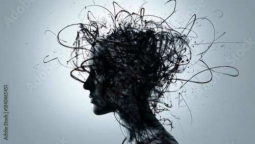 Silhouette of a womans head with abstract ink splatter explosion